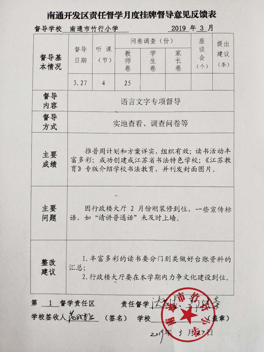 南通开发区责任督学月度挂牌督学意见反馈表